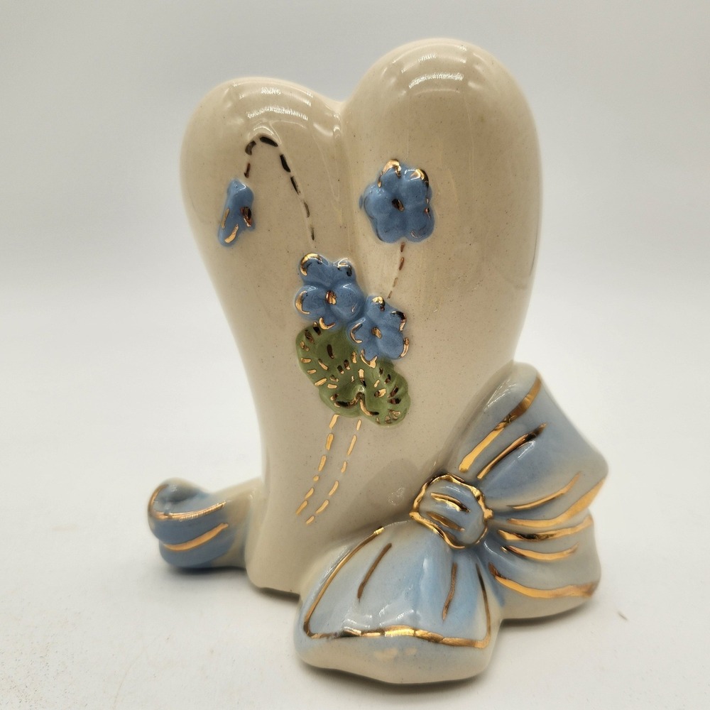 Vintage American Bisque Company Heart Shaped Ceramic Bow Vase Hand Painted Gold